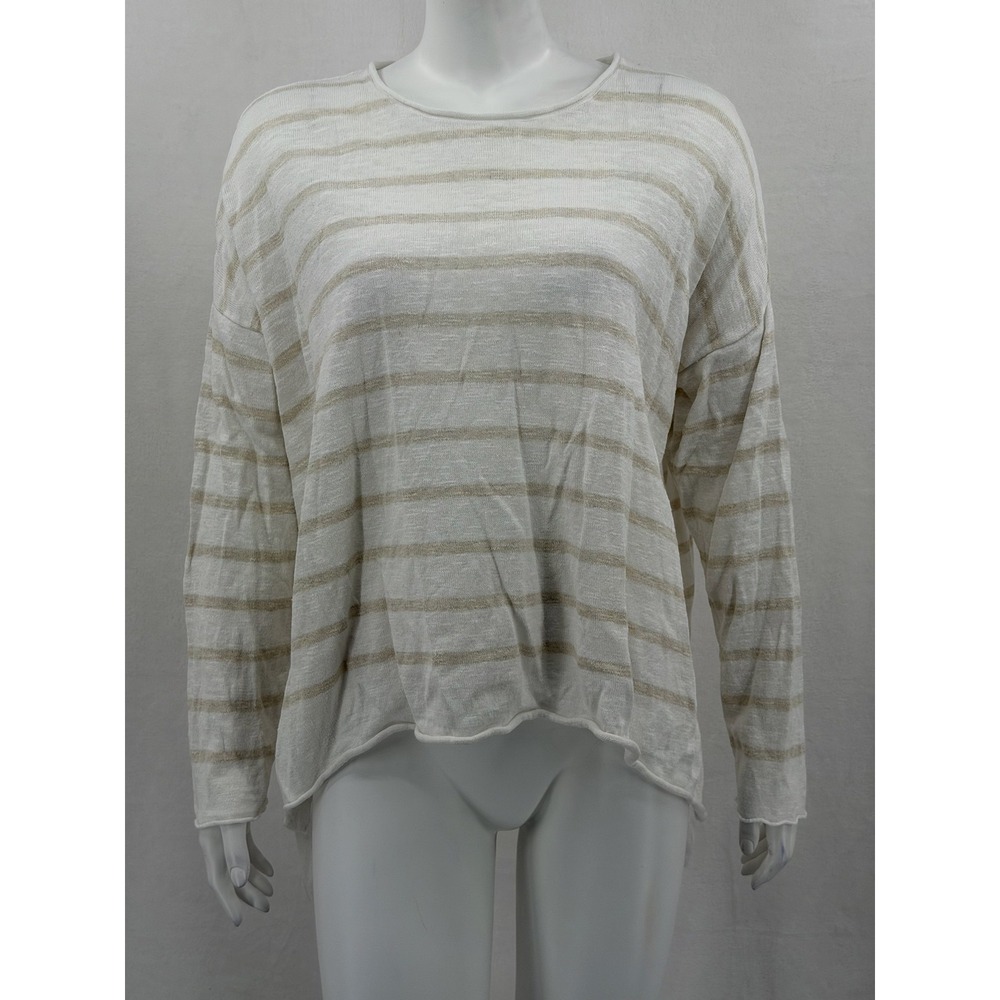 Eileen Fisher Top Women Large White Tan Striped Knit Organic Linen Cotton Summer